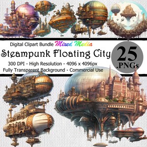 May include: A digital clipart bundle of 25 steampunk floating city illustrations. The cities are made of metal and glass and are suspended in the air by large airships. The illustrations are high resolution and have a transparent background.