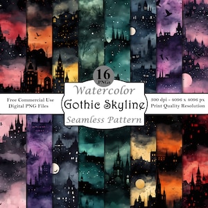 Gothic Skyline Watercolor Seamless Pattern Bundle Digital Papers Printable Instant Download Commercial Use Dark Fantasy Horizon Art PNG