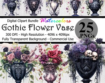 Gothic Flower Vase Watercolor Digital Clipart Bundle Transparent Background High Resolution Halloween Creepy Skull Fantasy Flowers Art PNG