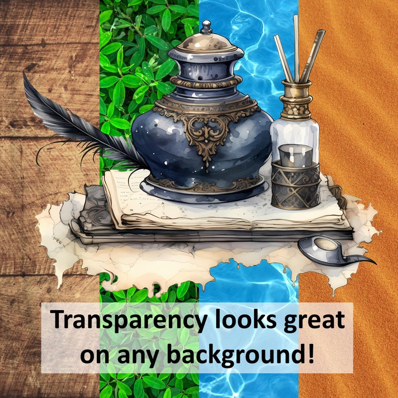 Gothic Ink Pot and Quill Watercolor Digital Clipart Bundle Transparent