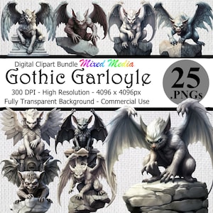 Gothic Fantasy Gargoyle Digital Clipart Bundle Download Transparent Background High Resolution Creepy Dark Gargoyles Monsters Demons PNG