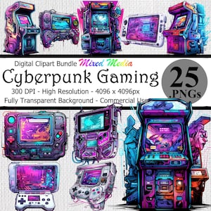 Cyberpunk Gaming Digital Clipart Instant Download Bundle Transparent Background High Resolution Scifi Fantasy Video Game Arcade Art PNG