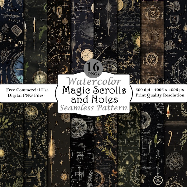 Dark Magic Scrolls and Notes Seamless Pattern Bundle Digital Papers Printable Download Commercial Use High Resolution Spell Page Art PNG