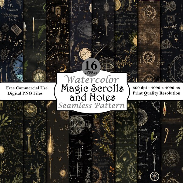 Dark Magic Scrolls and Notes Seamless Pattern Bundle Digital Papers Printable Download Commercial Use High Resolution Spell Page Art PNG