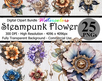 Puede incluir: Un conjunto de 25 ilustraciones digitales de acuarela de flores steampunk. Cada flor es un diseño único con intrincados engranajes y detalles de relojería. Las flores son de varios colores, incluyendo azul, morado, naranja y rojo.