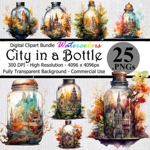 Puede incluir: Un paquete digital de clipart de 25 ilustraciones de acuarela de ciudades dentro de botellas de vidrio. Las botellas están rodeadas de hojas de otoño y ramas. El texto "City in a Bottle" está escrito en una fuente decorativa. El texto "Watercolors" está escrito en una fuente decorativa. El texto "25 .PNGs" está escrito en una fuente decorativa. El texto "300 DPI - Alta resolución - 4096 x 4096px" está escrito en una fuente decorativa. El texto "Fondo transparente - Uso comercial" está escrito en una fuente decorativa.