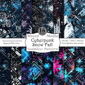 May include: A set of 16 digital seamless patterns in a cyberpunk style with snowflakes. The patterns are in a dark blue background with neon blue, pink, and white accents. The text "Mixed Media Cyberpunk Snow Fall Seamless Pattern" is in the center of the image.