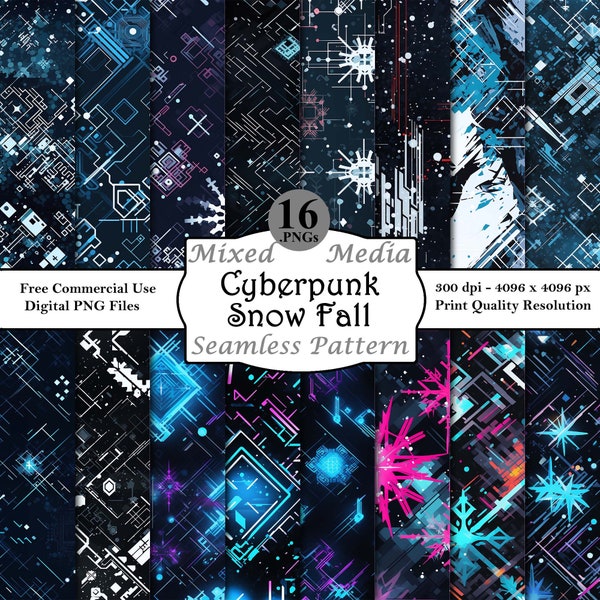 Cyberpunk Snow Fall Seamless Pattern Bundle Digital Papers Printable Instant Download Commercial Use Futuristic Snowflake Circuitry Art PNG