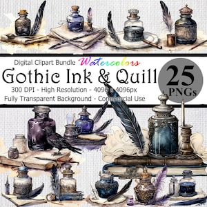 May include: A digital clipart bundle of 25 watercolor illustrations featuring gothic ink bottles, quills, and books. The illustrations are in shades of blue, black, and gold, and have a vintage aesthetic. The text "Gothic Ink & Quill" is featured in the image.