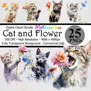 Cat and Flower Watercolor Digital Clipart Instant Download Bundle Transparent Background High Resolution Cute Funny Cats Flowers Art PNG