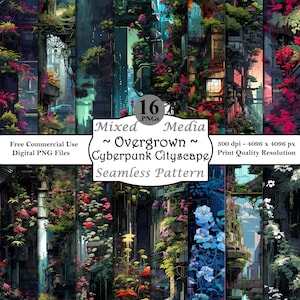 Peut inclure: Un motif sans couture représentant un paysage urbain cyberpunk envahi par des fleurs et de la verdure vibrantes. Le motif est composé de 16 fichiers PNG numériques, parfaits pour créer des designs uniques.