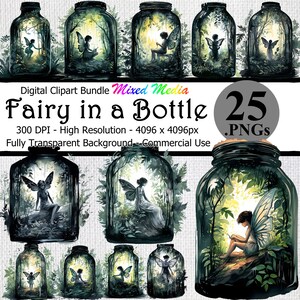 Fairy in a Bottle Watercolor Digital Clipart Instant Download Bundle Transparent Background High Resolution Fantasy Woman Jar Gothic Art PNG