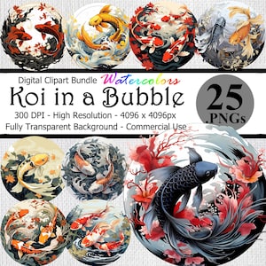 Koi Fish in a Bubble Watercolor Digital Clipart Instant Download Bundle Transparent Background High Resolution Ornamental Carp Japanese PNG