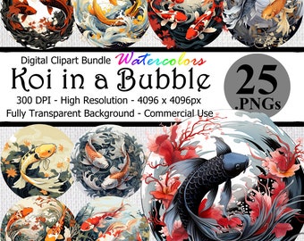 Koivissen in een zeepbel aquarel digitale clipart Instant Download bundel transparante achtergrond hoge resolutie sierkarper Japanse png
