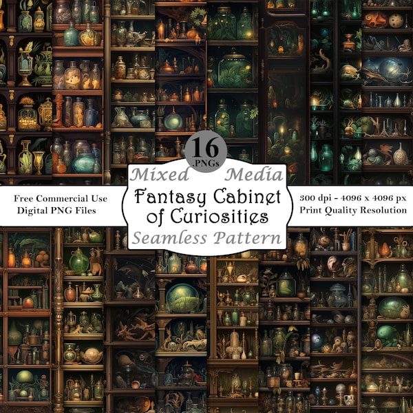 Fantasy Cabinet of Curiosity Pattern Bundle Digital Papers Printable Instant Download Commercial Use Enchanted Shelves Mythical Objects PNG