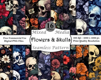 Flowers and Skulls Seamless Pattern Bundle Digital Papers Printable Instant Download Commercial Use Dark Fantasy Gothic Human Skull Rose PNG