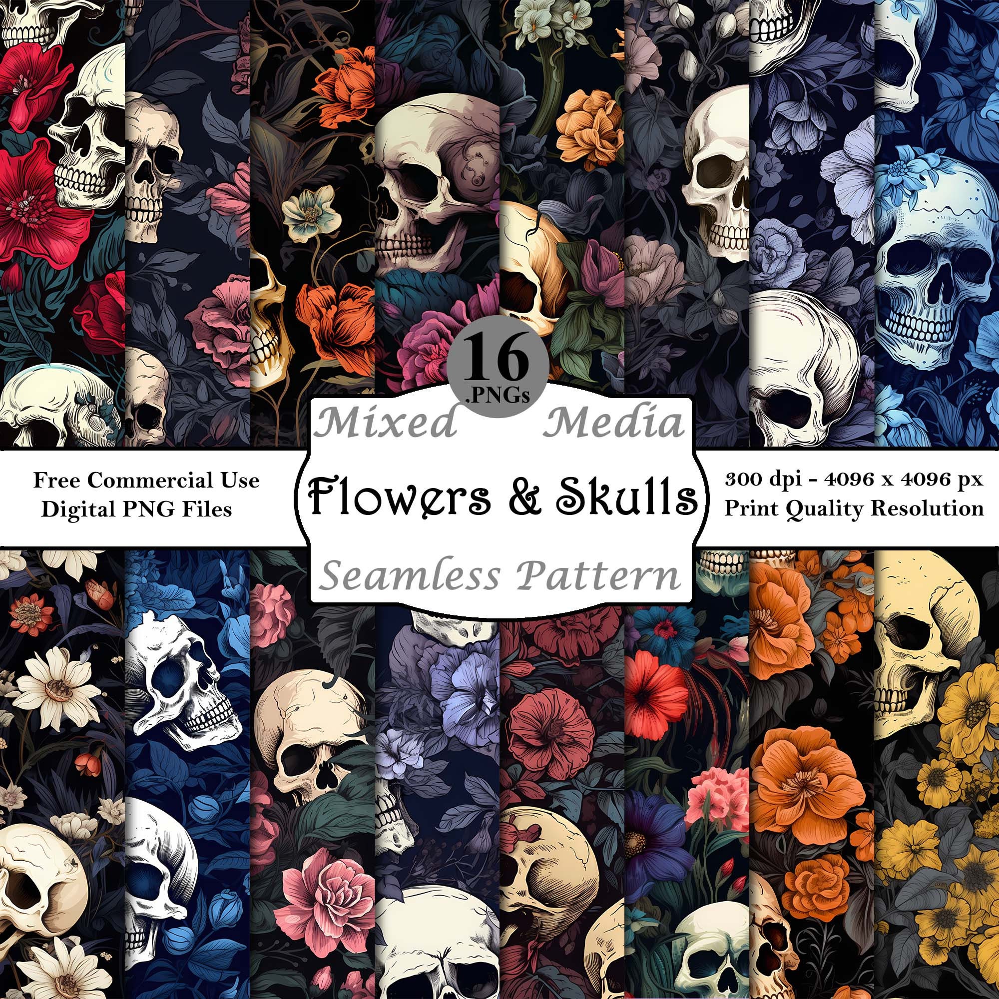 Flowers and Skulls Seamless Pattern Bundle Digital Papers Printable ...
