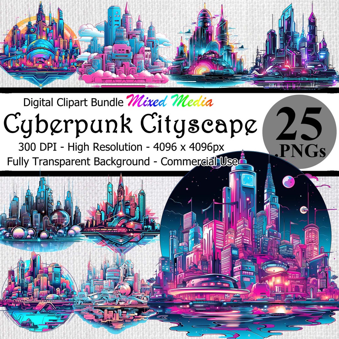 Cyberpunk Cityscape Digital Clipart Instant Download Bundle Transparent ...