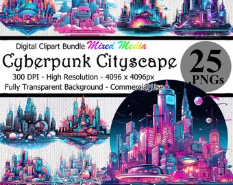 Cyberpunk Cityscape Digital Clipart Instant Download Bundle Transparent Background High Resolution Scifi Dark Fantasy Dystopian City Art PNG