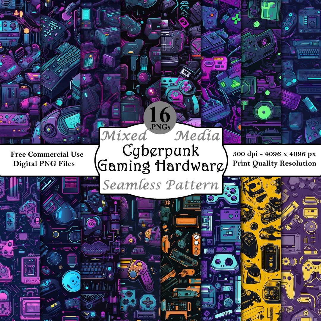 Cyberpunk Gaming Hardware Seamless Pattern Bundle Digital Papers ...