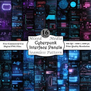Cyberpunkowy interfejs Panele Bezszwowy wzór Pakiet Cyfrowe papiery Do druku Natychmiastowe pobieranie Komercyjne wykorzystanie Futurystyczny holograficzny GUI PNG