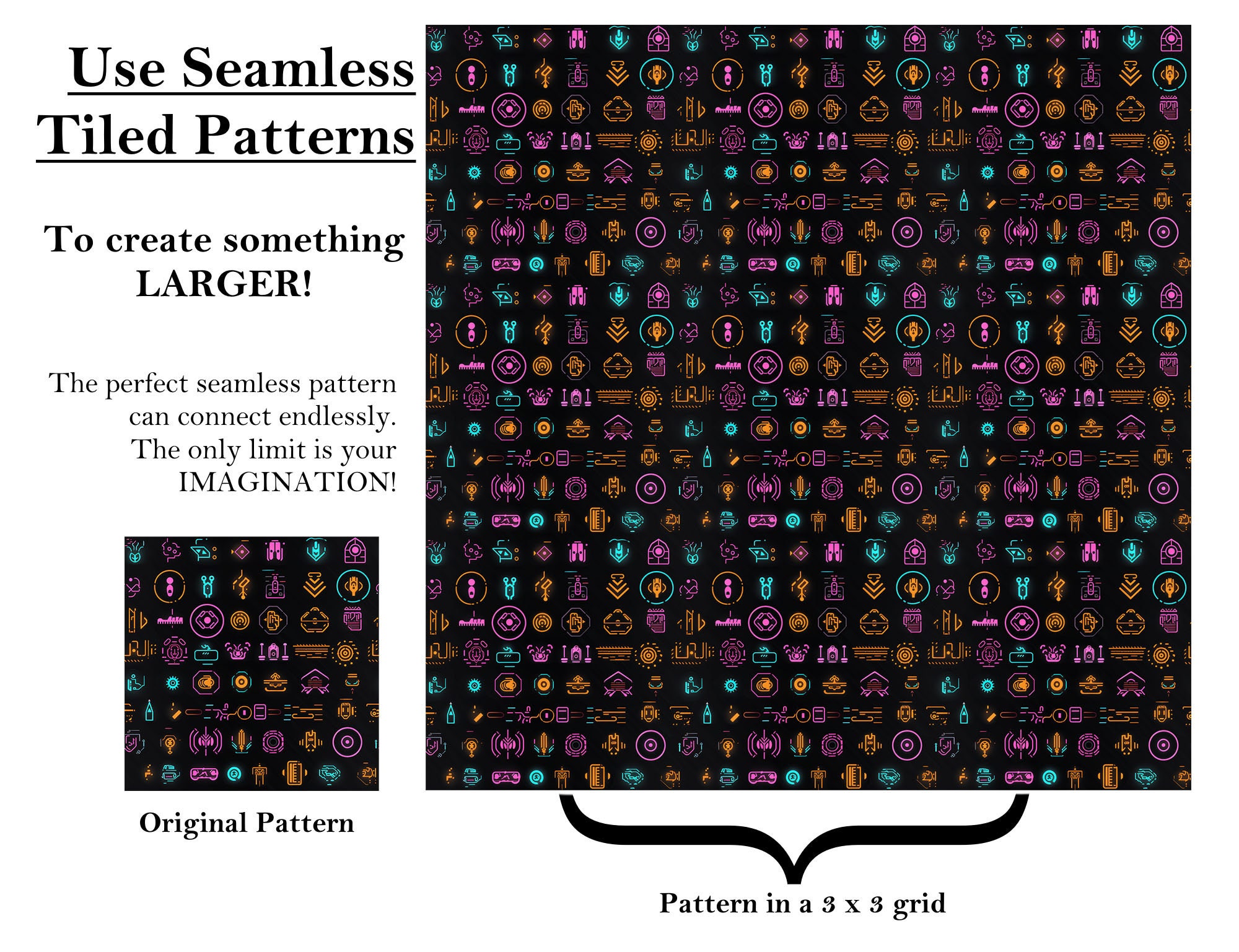 Cyberpunk Augmented Reality Icons Seamless Pattern Bundle Digital ...