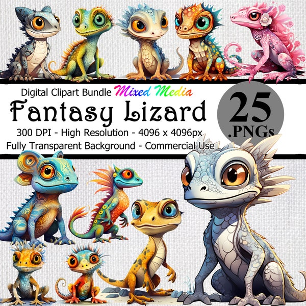 Fantasy Lizard Digital Clipart Instant Download Bundle Transparent Background High Resolution Cartoon Whimsical Mythical Reptiles  PNG