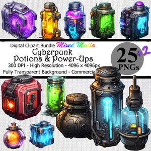 May include: A set of 25 cyberpunk-themed potion and power-up bottles in various shapes and colors. The bottles are made of glass and metal and have a futuristic design. The bottles are isolated on a transparent background.