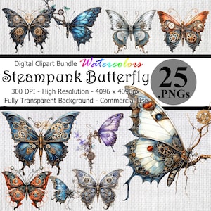 Steampunk Schmetterling Aquarell Digitale Clipart zum Herunterladen Bundle Transparent Hintergrund Hohe Auflösung Zahnräder Fantasy Schmetterlinge Kunst PNG