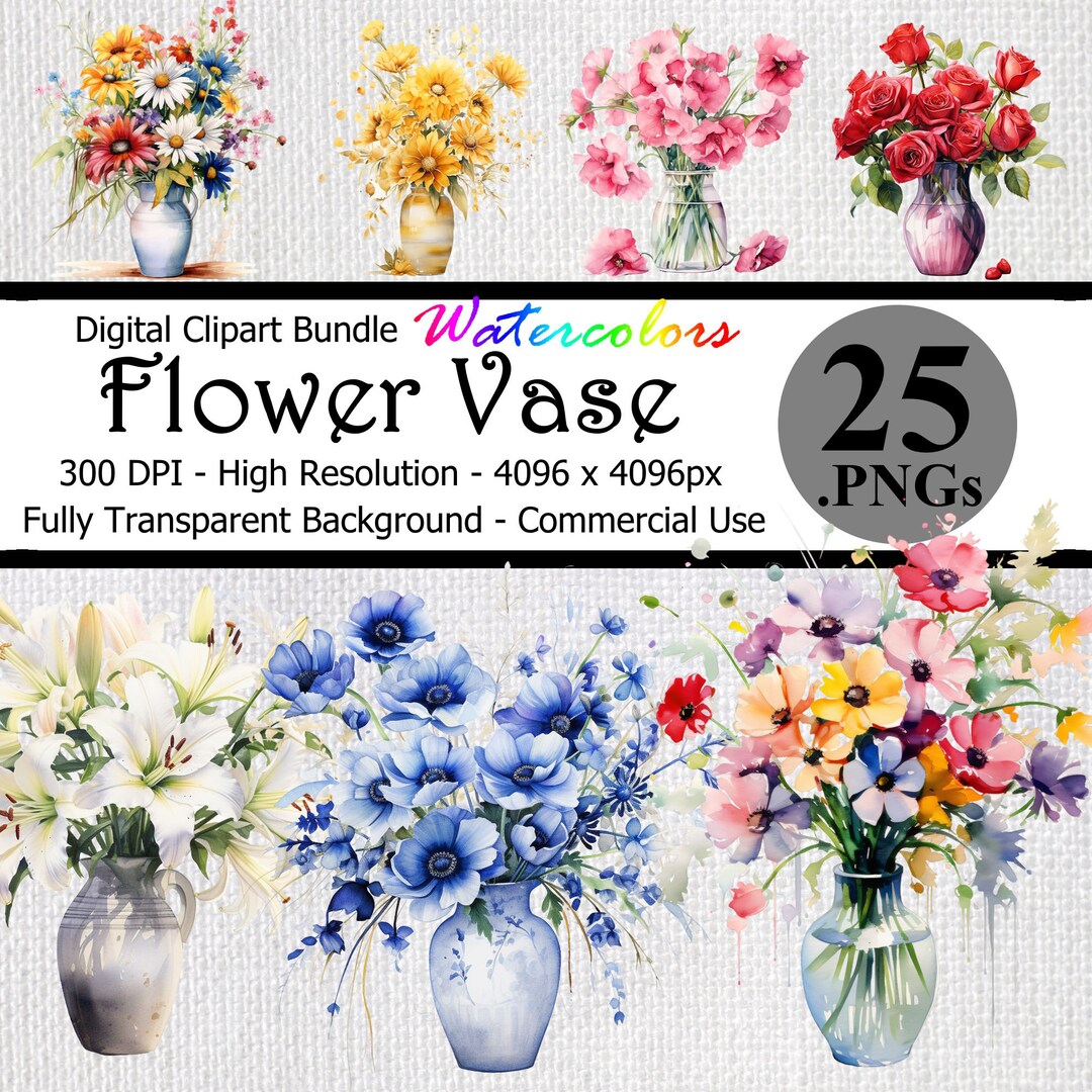 Flower Vase Watercolor Digital Clipart Instant Download Bundle ...