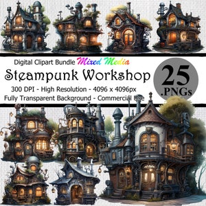 Steampunk Workshop Mixed Media Digital Clipart Downloadable Bundle Transparent Background High Resolution Gears Fantasy House Shop Art PNG