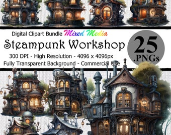 Steampunk Workshop Mixed Media Digital Clipart Downloadable Bundle Transparent Background High Resolution Gears Fantasy House Shop Art PNG
