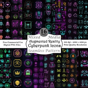 May include: A seamless pattern of 16 neon cyberpunk icons in pink, blue, green, and yellow. The icons are set against a black background. The text "Mixed Media Augmented Reality Cyberpunk Icons Seamless Pattern" is displayed in the center of the image.