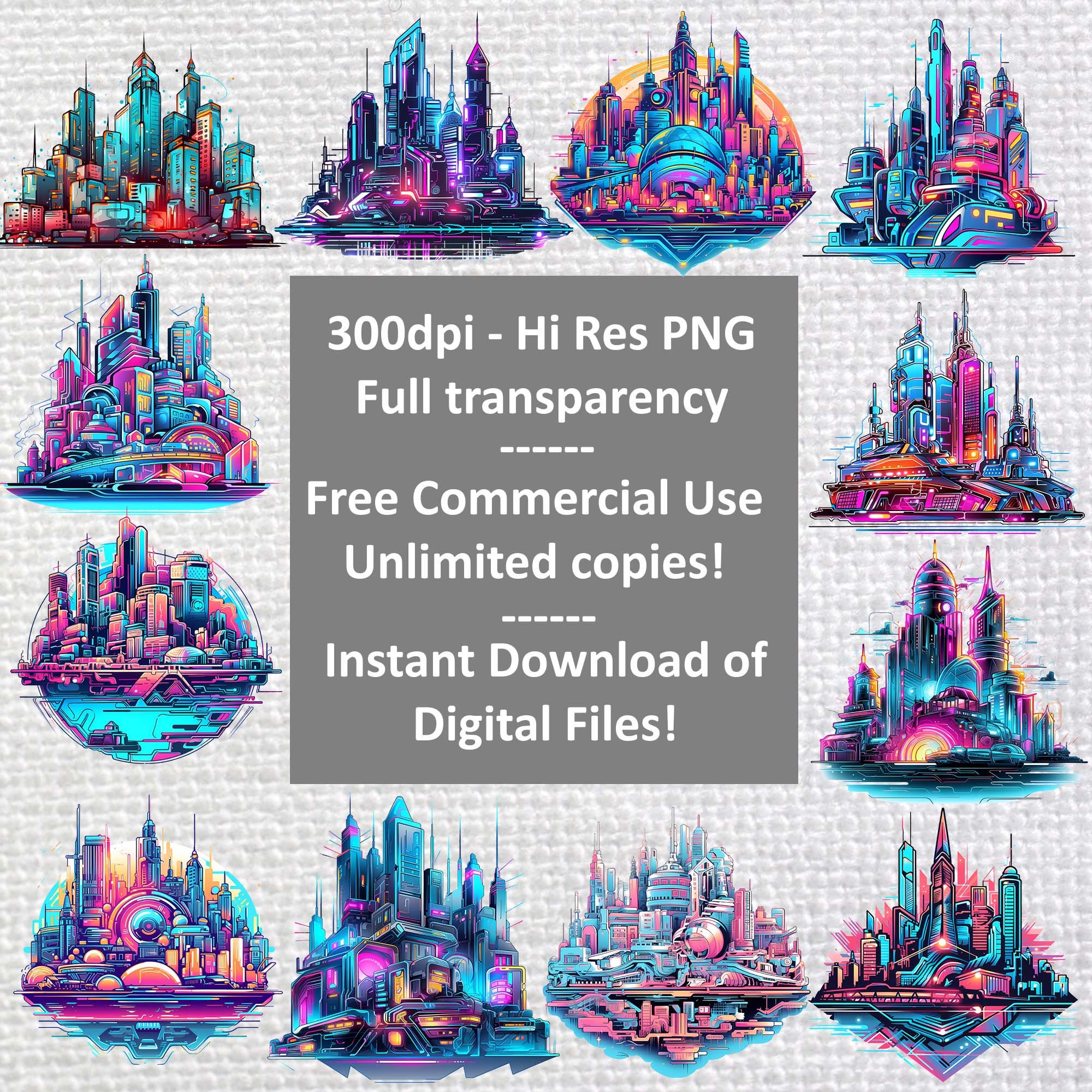 Cyberpunk Cityscape Digital Clipart Instant Download Bundle Transparent ...