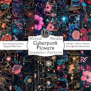 Bundle de motifs transparents Cyberpunk fleurs et circuits papiers numériques Téléchargement instantané imprimable usage commercial Floral futuriste de science-fiction PNG