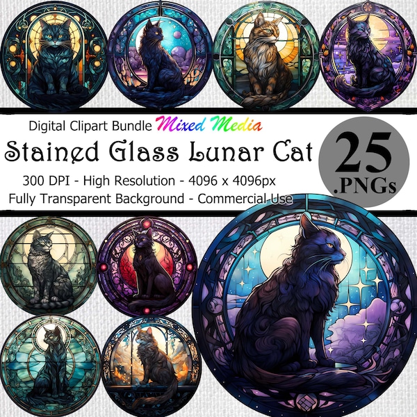 Gothic Stained Glass Lunar Cat Digital Clipart Instant Download Bundle Transparent Background High Resolution Dark Night Moon Feline PNG