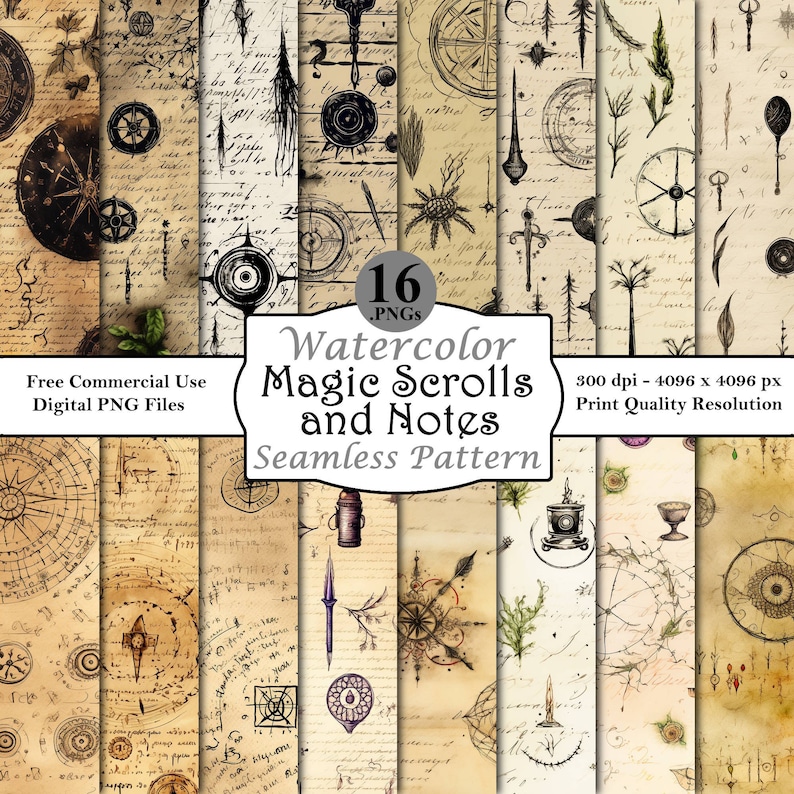 Magic Scrolls and Notes Seamless Pattern Bundle Digital Papers ...