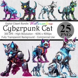 Cyberpunk Robot Cat Watercolor Digital Clipart Instant Download Bundle Transparent Background High Resolution Scifi Fantasy Cats Art PNG