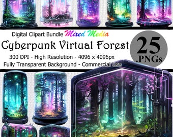 Cyberpunk Virtual Forest Digital Clipart Instant Download Bundle Transparent Background High Resolution Holographic Trees Futuristic Art PNG