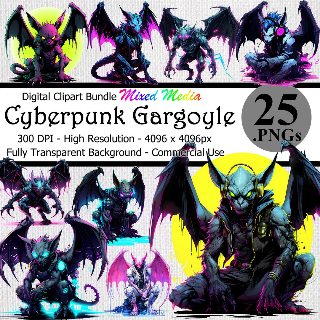 Cyberpunk Gargoyle Digital Clipart Instant Download Bundle Transparent ...