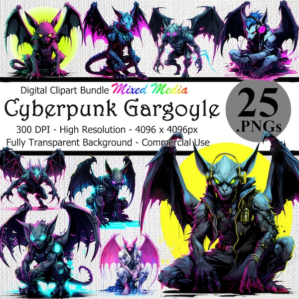 Cyberpunk Gargoyle Digital Clipart Instant Download Bundle Transparent Background High Resolution Scifi Gothic Futuristic Guardian Art PNG