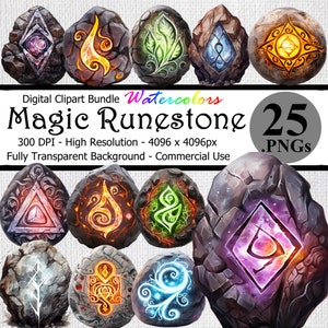 Magic Runestone Watercolor Digital Clipart Instant Download Bundle Transparent Background High Resolution Fantasy Enchanted Runes Art PNG