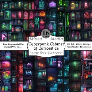 May include: A seamless pattern featuring a cyberpunk cabinet of curiosities. The cabinet is filled with various objects, including glowing bottles, skeletons, and other strange items. The pattern is perfect for creating a unique and futuristic look.