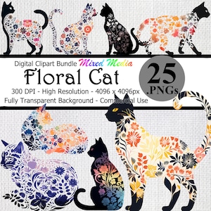 Bloemen kat silhouet digitale clipart Instant Download bundel transparante achtergrond hoge resolutie prachtige abstracte katten bloemen kunst PNG