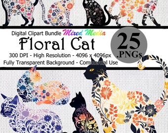 Floral Cat Silhouette Digital Clipart Instant Download Bundle Transparent Background High Resolution Beautiful Abstract Cats Flowers Art PNG