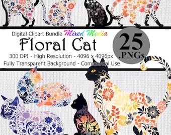 Floral Cat Silhouette Digital Clipart Instant Download Bundle Transparent Background High Resolution Beautiful Abstract Cats Flowers Art PNG