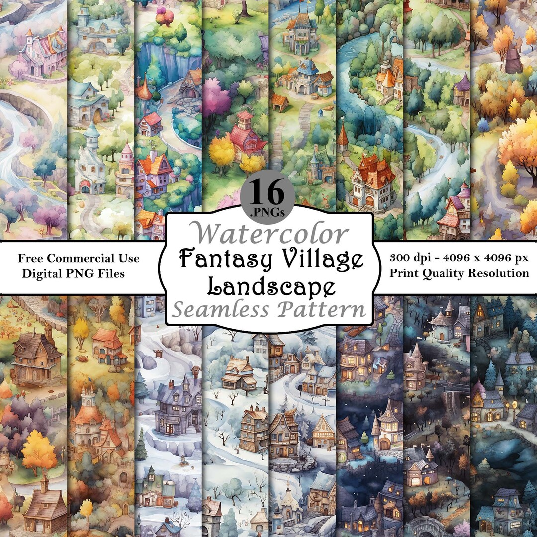 Fantasy Village Watercolor Landscape Seamless Pattern Bundle Digital ...