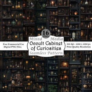 May include: A seamless pattern featuring a dark wooden cabinet filled with various bottles, jars, and other curiosities. The cabinet is lit by candles and has a spooky, occult vibe. The image is 4096 x 4096 pixels and 300 dpi, making it suitable for printing.
