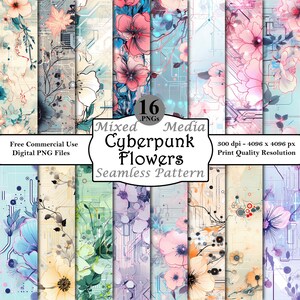 Bundle de motifs transparents Cyberpunk fleurs et circuits papiers numériques Téléchargement instantané imprimable usage commercial Floral futuriste de science-fiction PNG