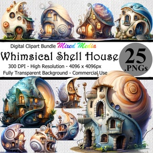 Wunderliche Muschel Haus Aquarell digitale Clipart Bundle transparenten Hintergrund hohe Auflösung Fantasy Fee Haus verzauberte Meeresschnecke PNG